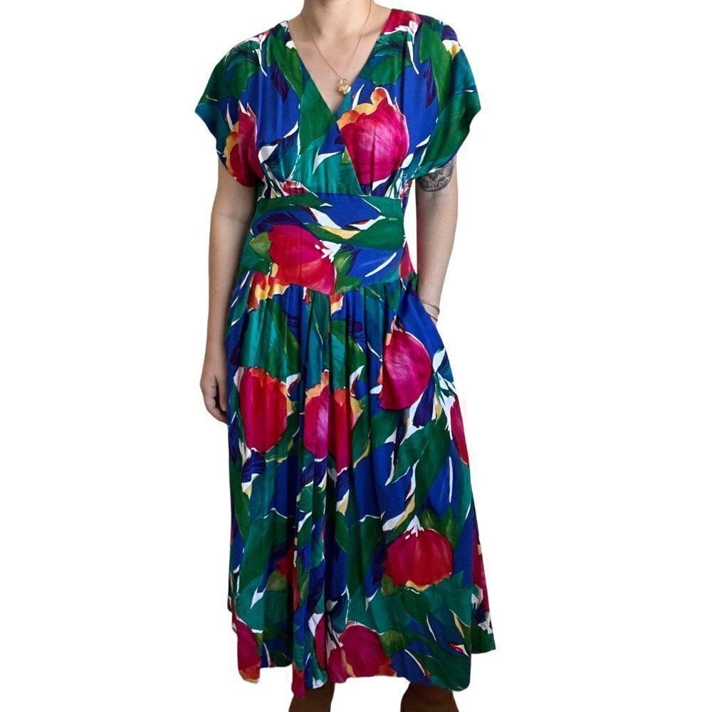 Vintage 80s Womens Reo Tropical Floral Multicolor Beach Maxi Boho Dress Sz M